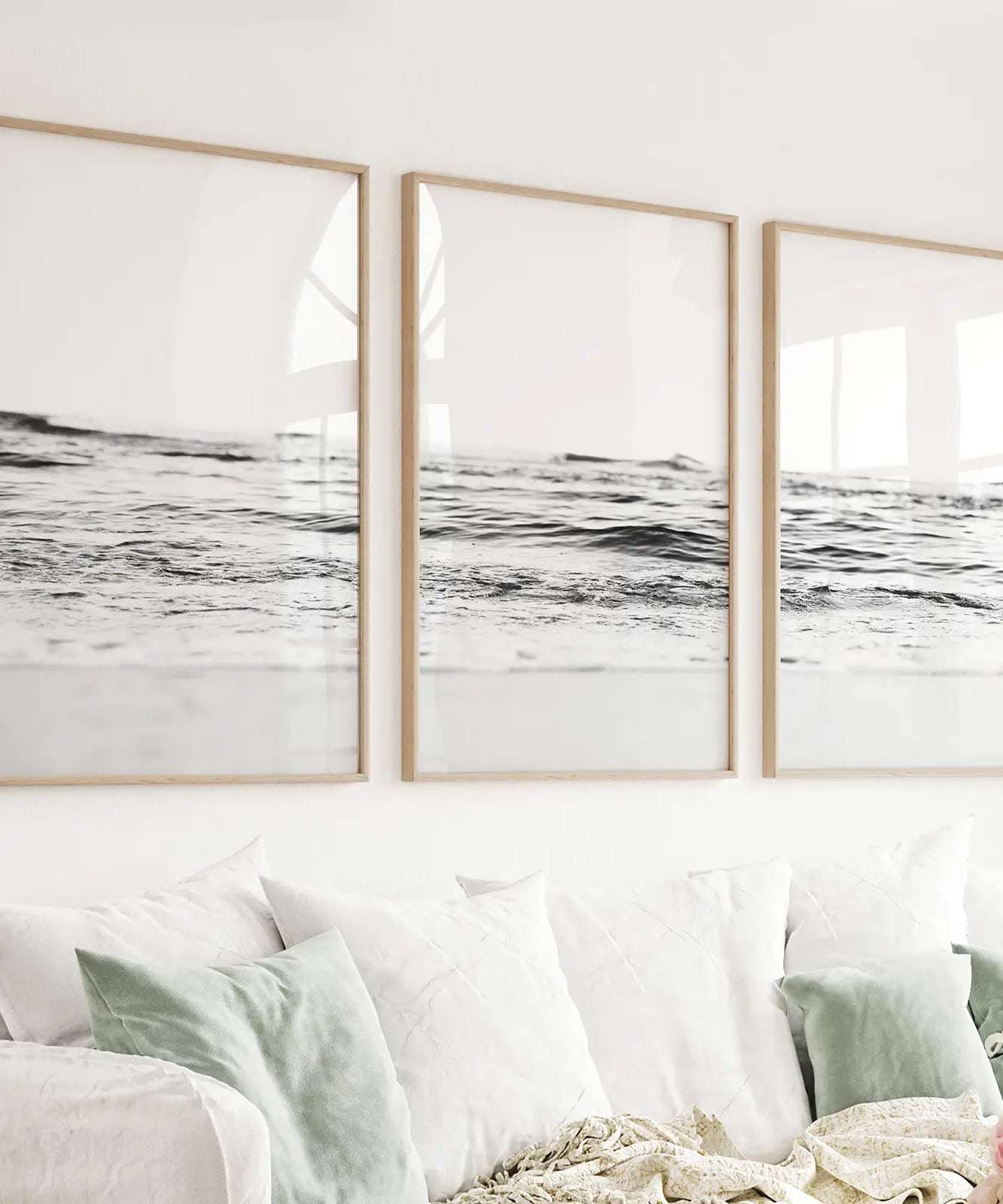 Black White Minimalist Beach Wave Wall Art. 3 Piece Decor