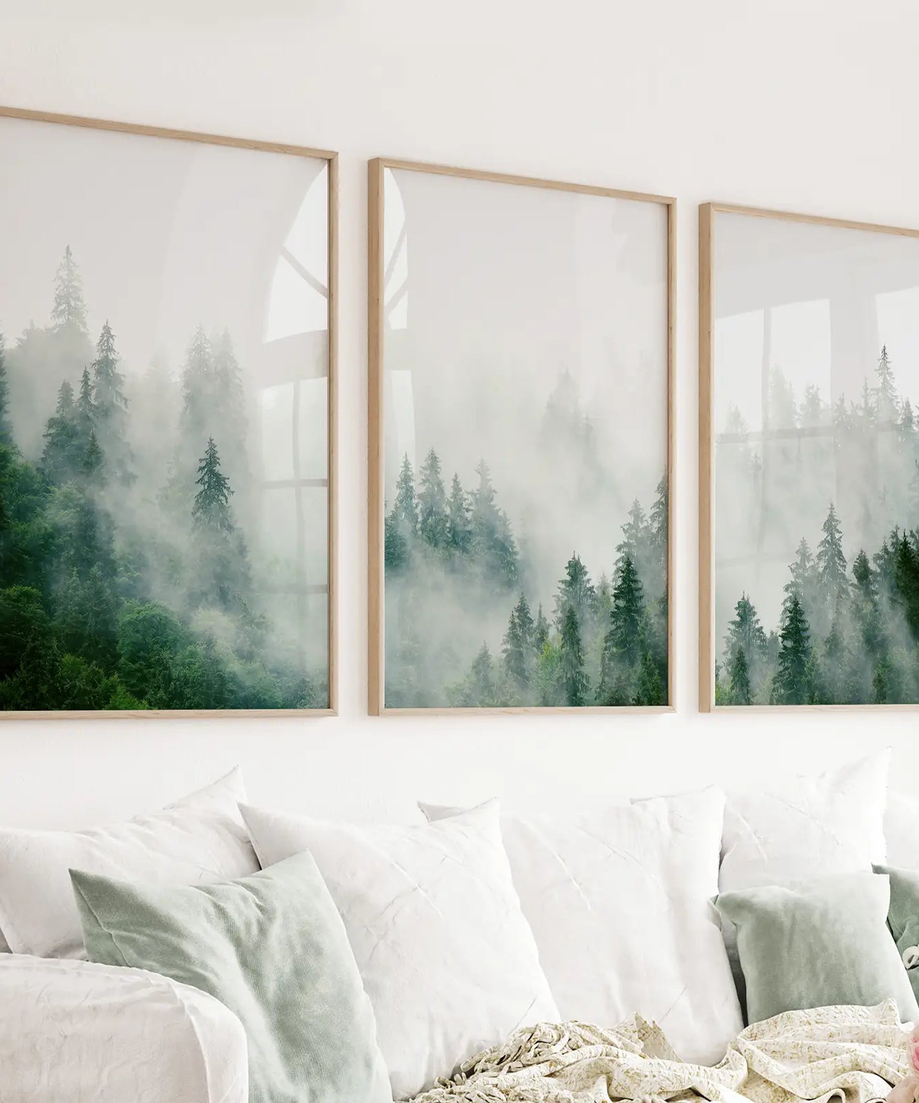 Evergreen Misty Forest Triptych. Set of 3 Prints
