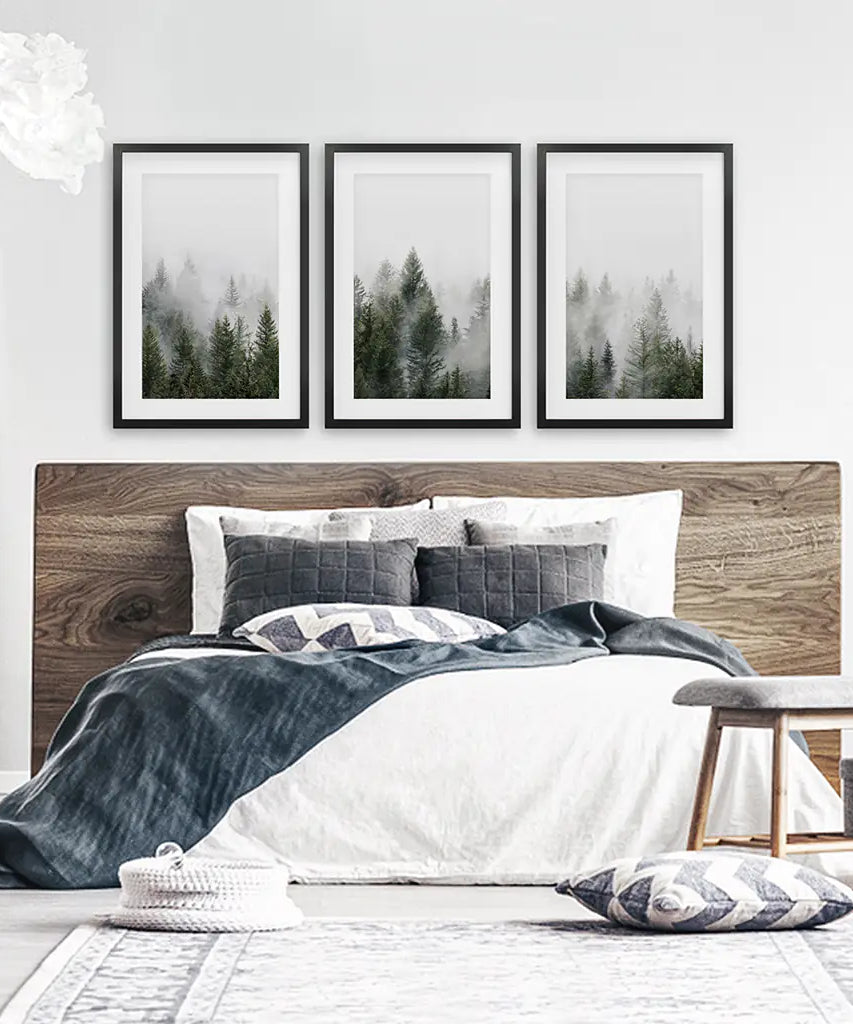 Kiefernebelwald-Triptychon. Nordische Wanddekoration