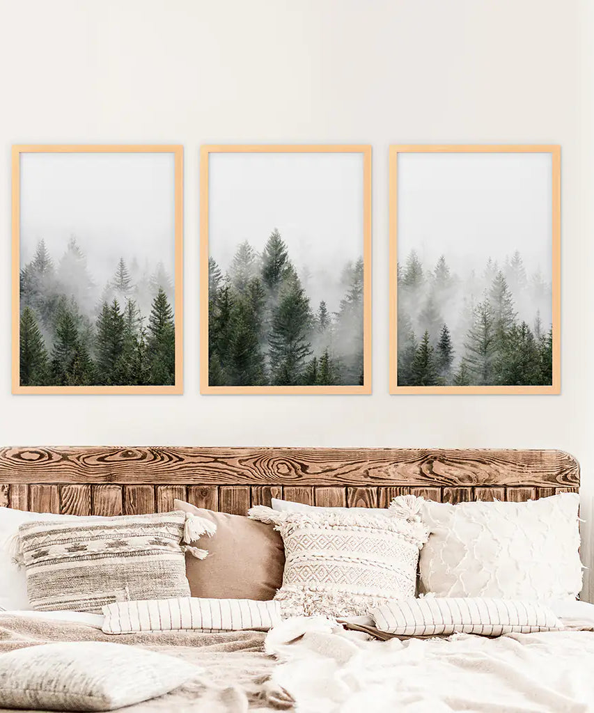 Kiefernebelwald-Triptychon. Nordische Wanddekoration