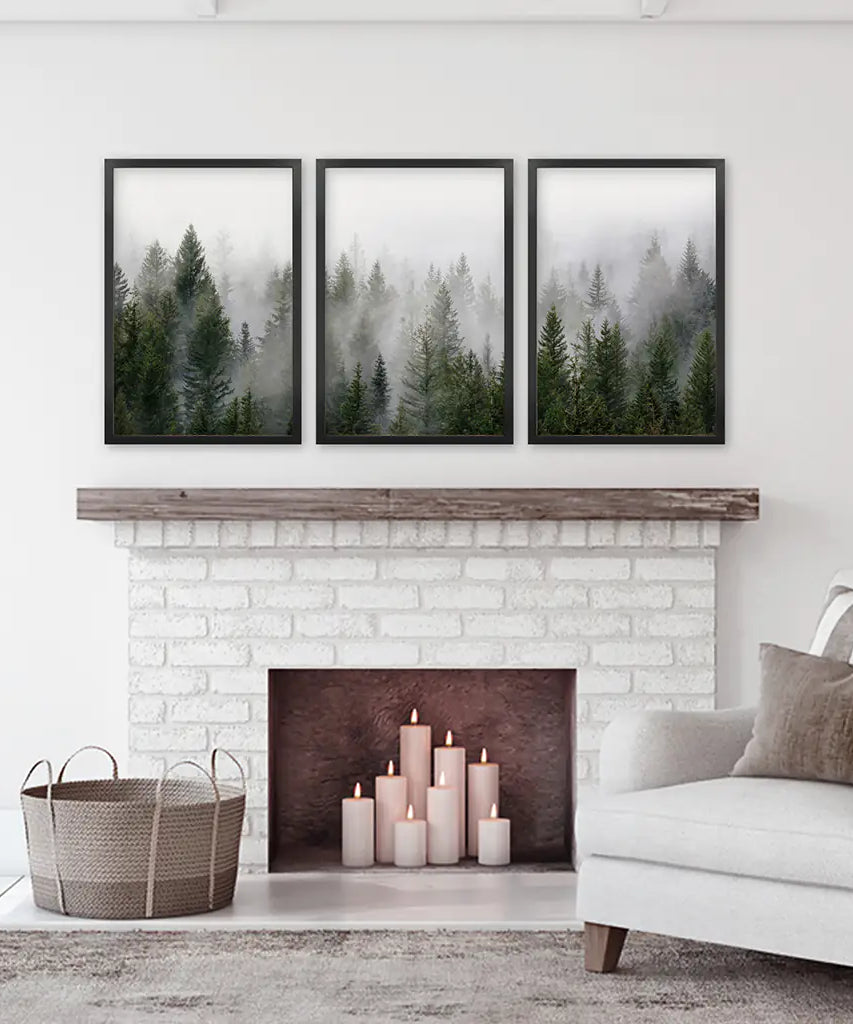 Green Pine Tree Forest. Foggy Nature Wall Art Prints