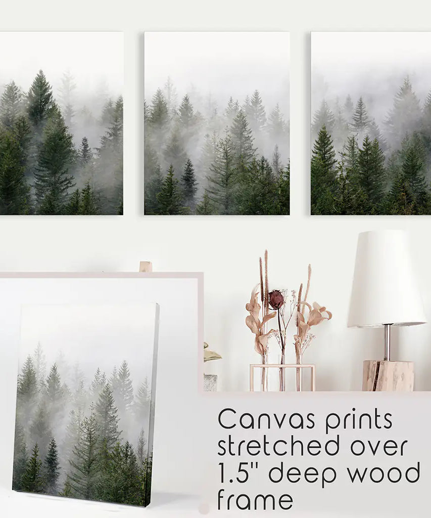 Green Pine Tree Forest. Foggy Nature Wall Art Prints