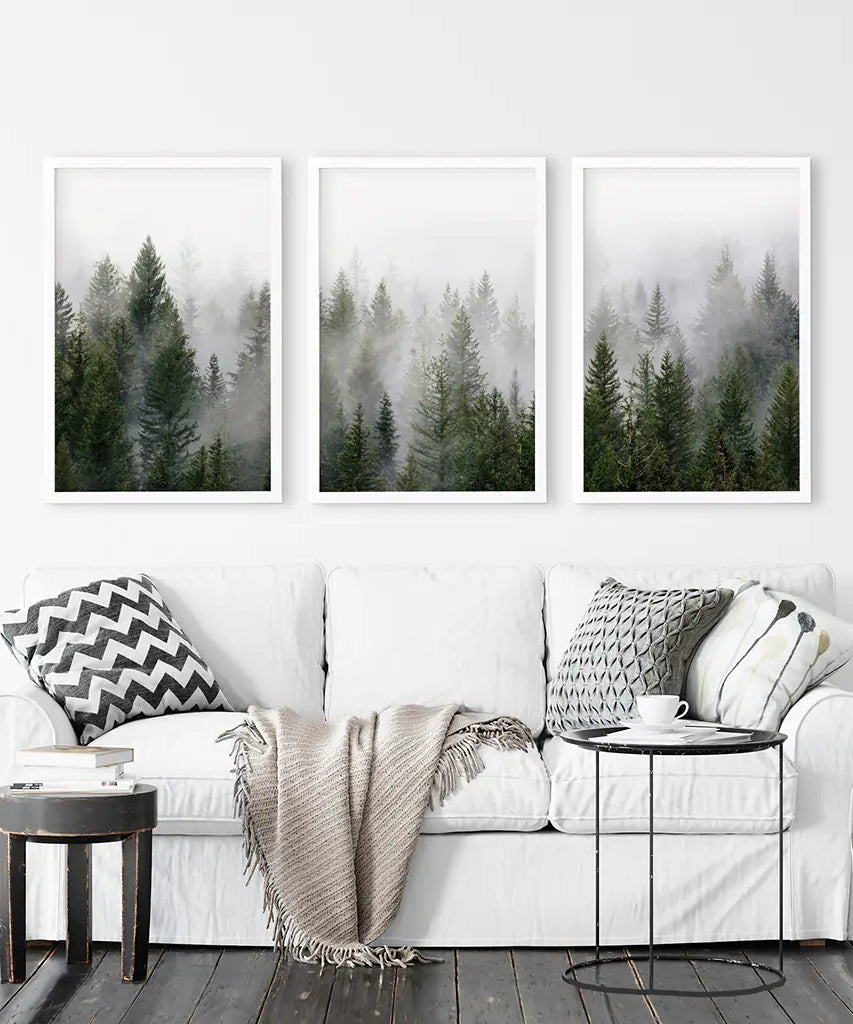 Green Pine Tree Forest. Foggy Nature Wall Art Prints