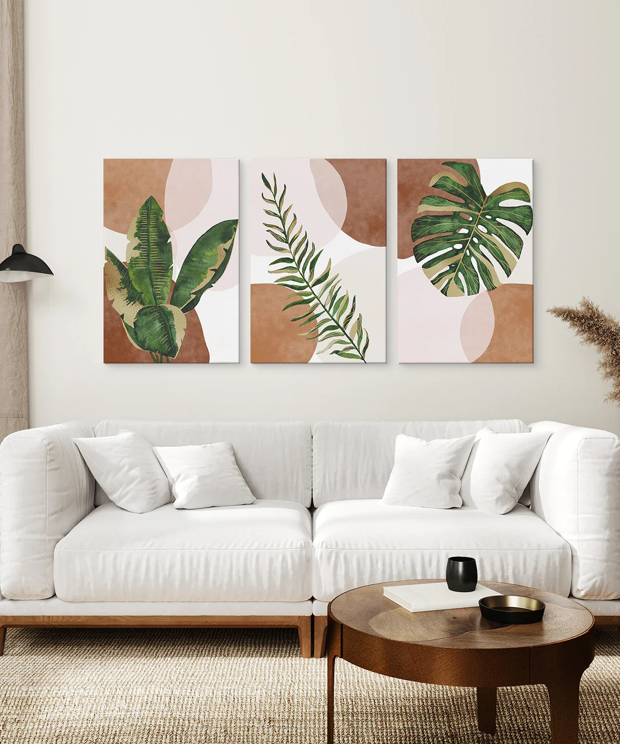 3-teilige Terrakotta Boho Wandkunst. Grüne tropische Blätter