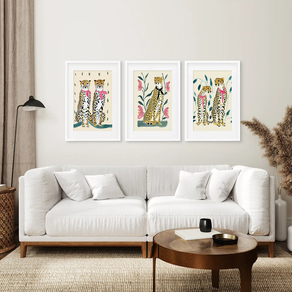 Funny Leopard Set. Modern Wall Art Prints. Beige & Pink