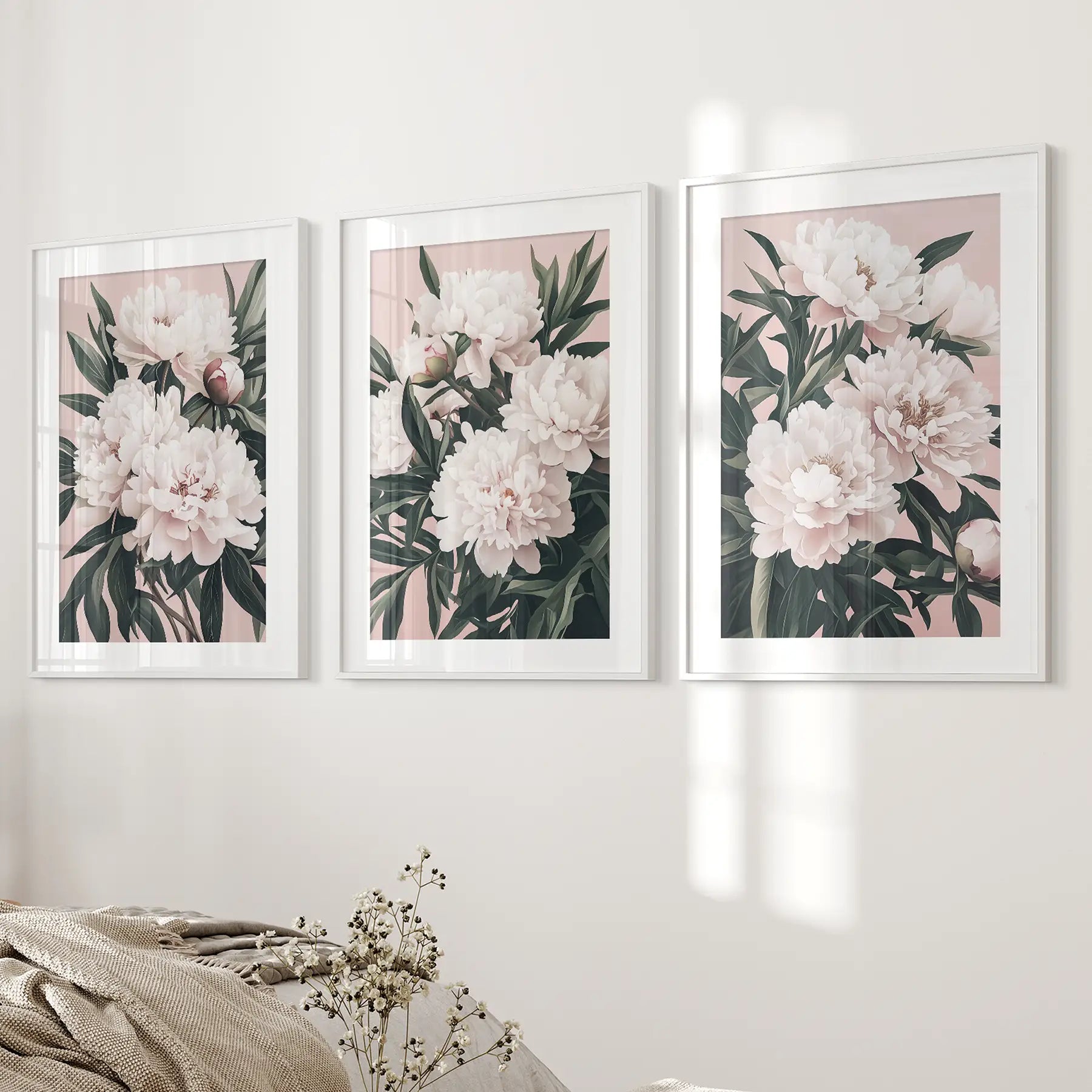 Pfingstrosen Blumen Wandkunst 3er Set. Rosa und Grüne Dekoration