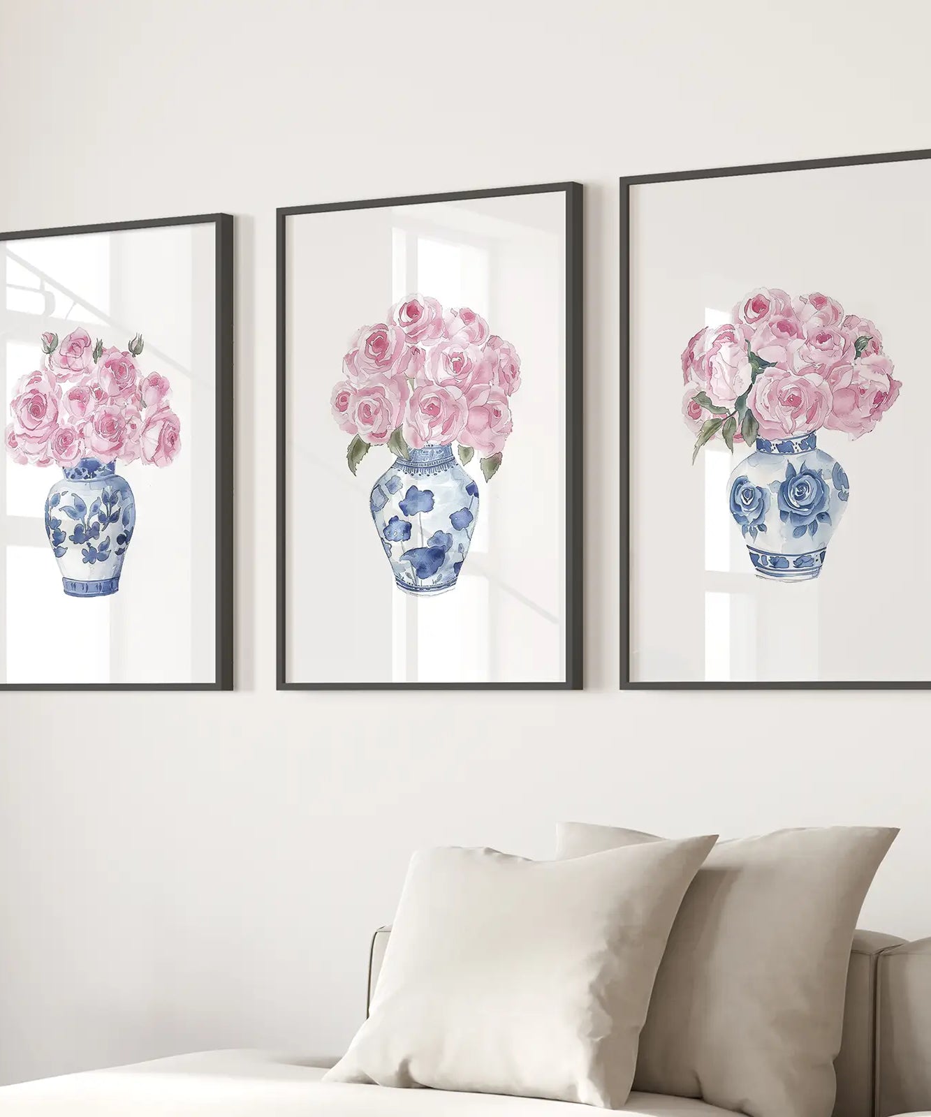 Blue Chinoiserie Watercolor Roses Art Print Set