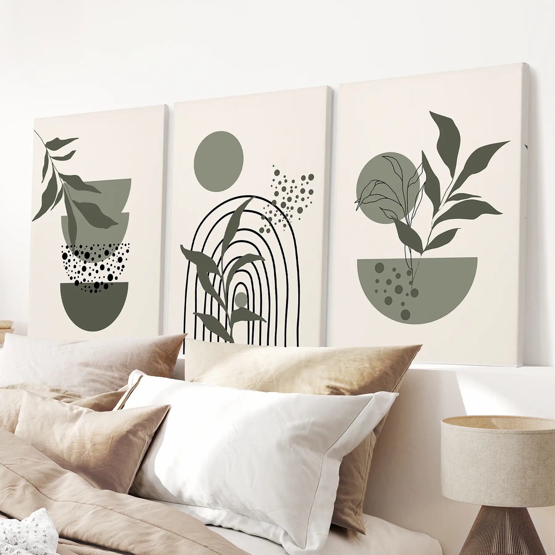3-teilige Boho-Wandkunstdrucke. Grüne Mid-Century abstrakte Dekoration