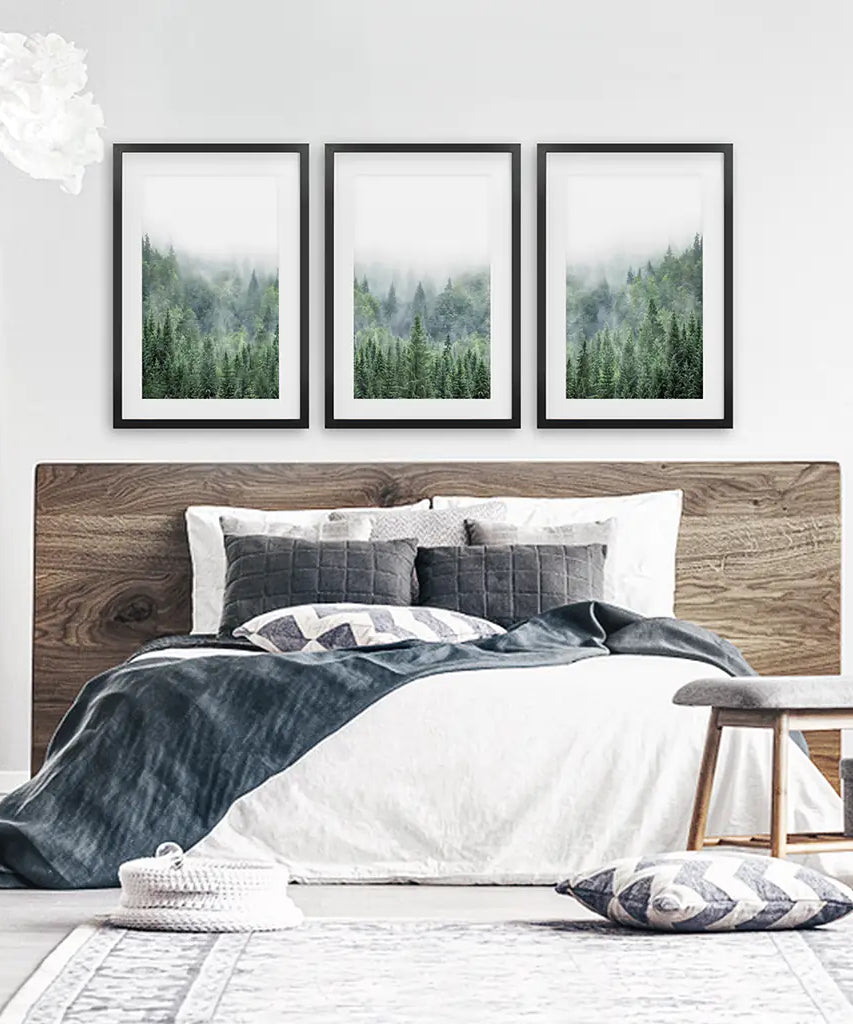 Nordic Nature Wall Art Set. Green Foggy Forest