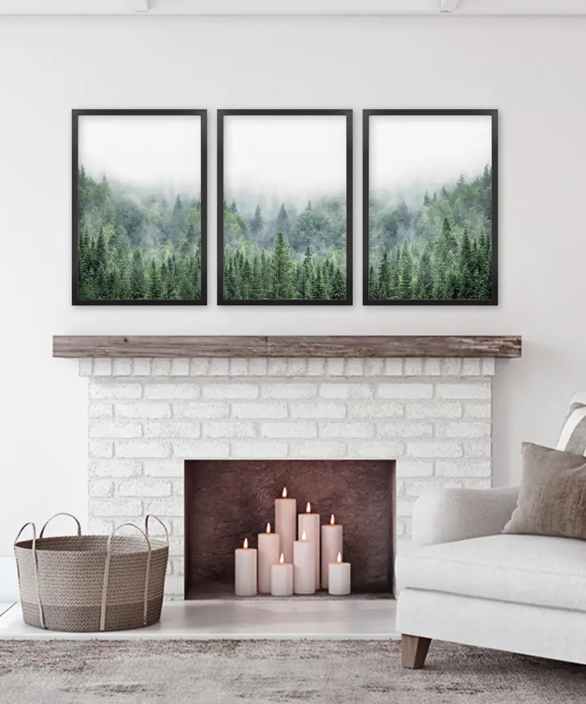 Nordic Nature Wall Art Set. Green Foggy Forest