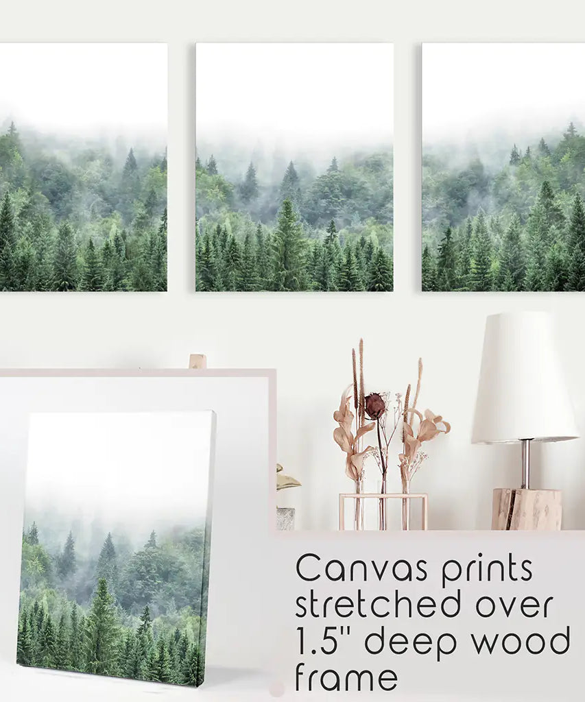 Nordic Nature Wall Art Set. Green Foggy Forest