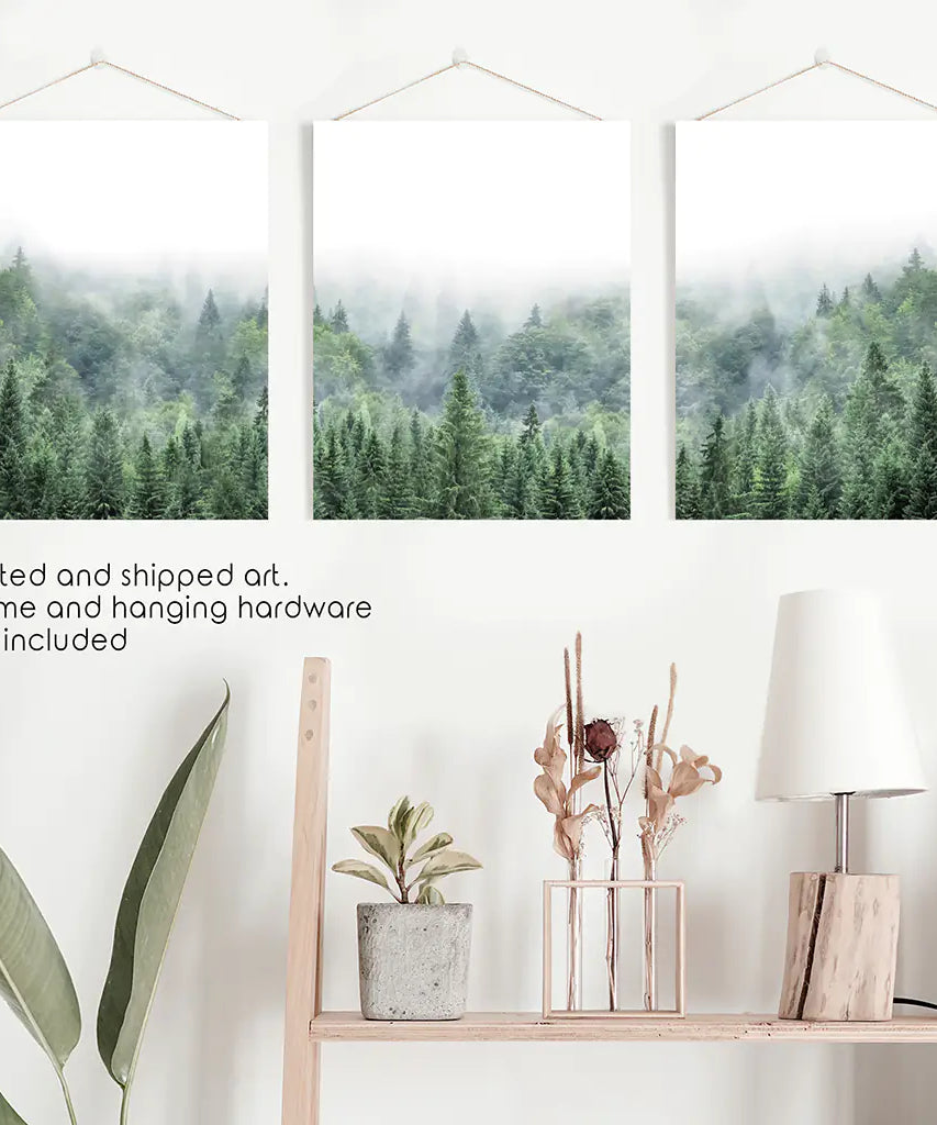 Nordic Nature Wall Art Set. Green Foggy Forest