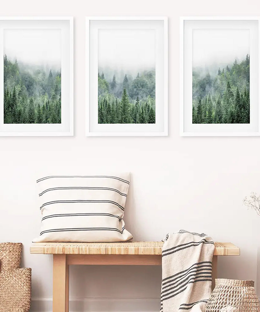 Nordic Nature Wall Art Set. Green Foggy Forest