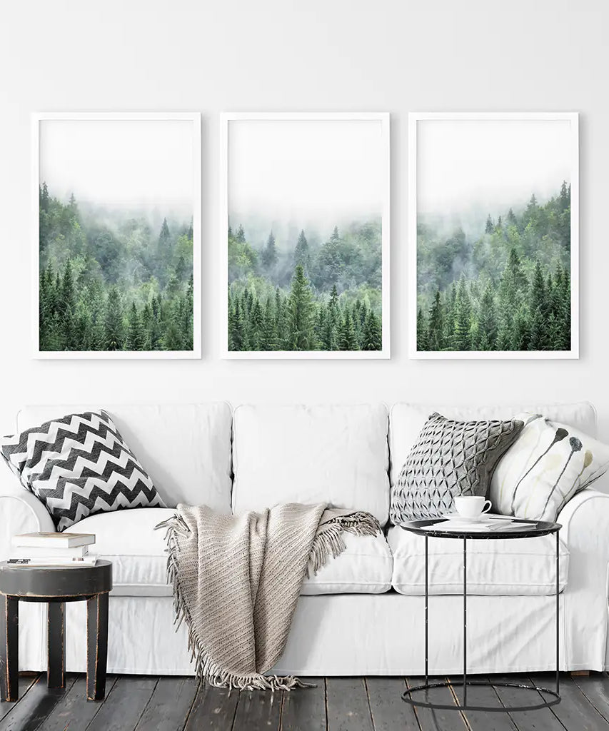Nordic Nature Wall Art Set. Green Foggy Forest