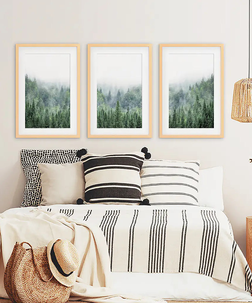 Nordic Nature Wall Art Set. Green Foggy Forest
