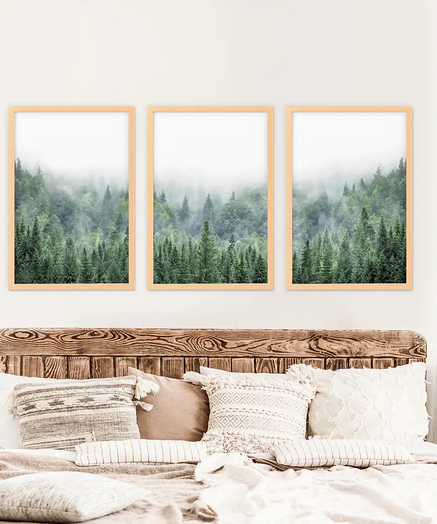 Nordic Nature Wall Art Set. Green Foggy Forest
