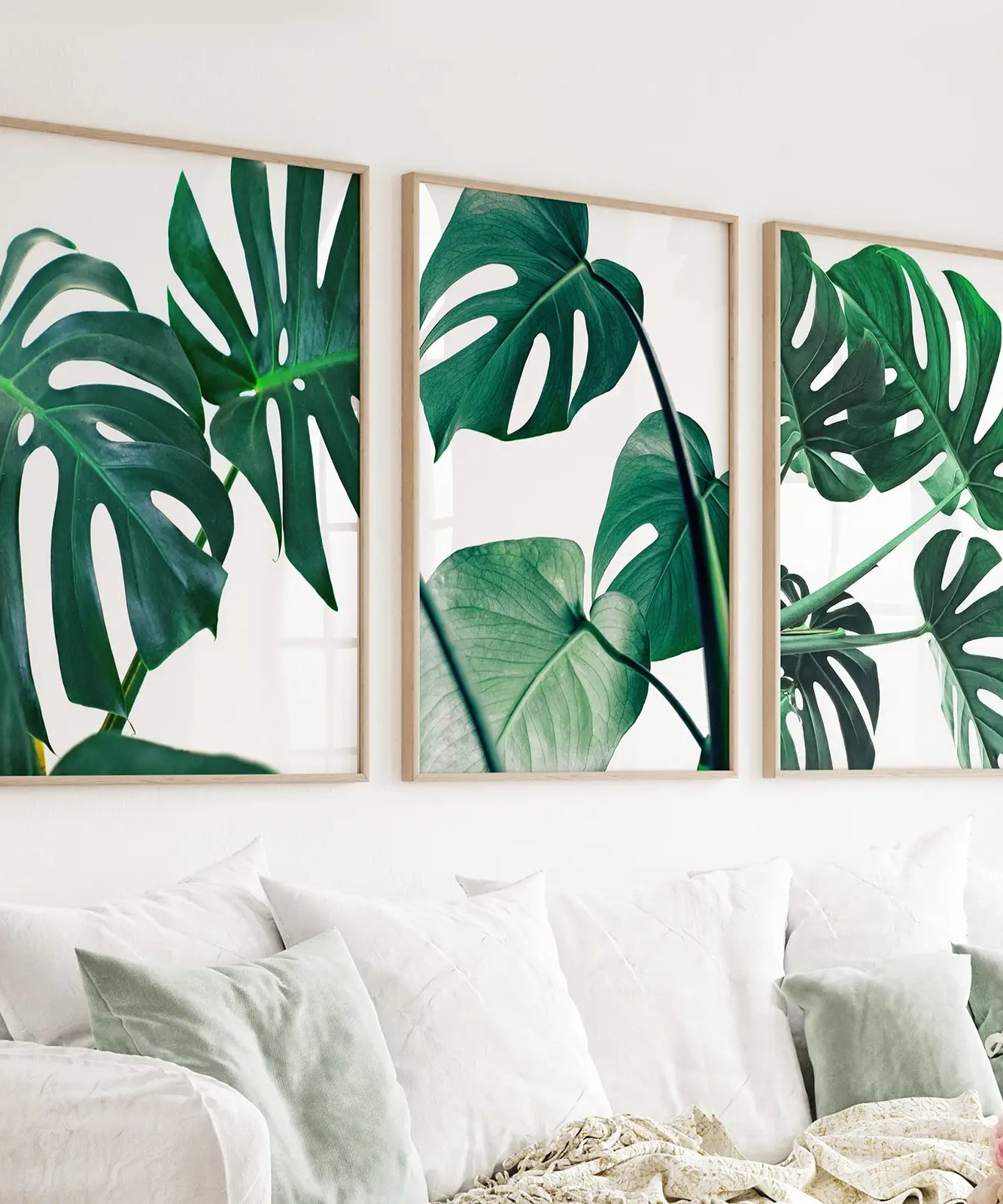 3 Piece Green Monstera Leaf Print Set. Tropical Decor