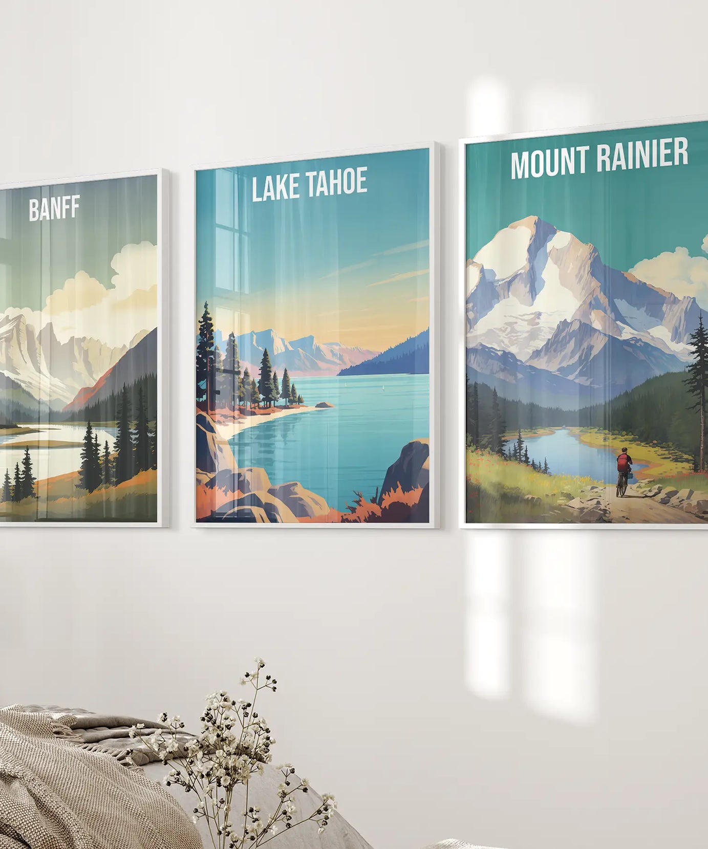 3er-Set Reise-Poster. Banff, Lake Tahoe, Mount Rainier