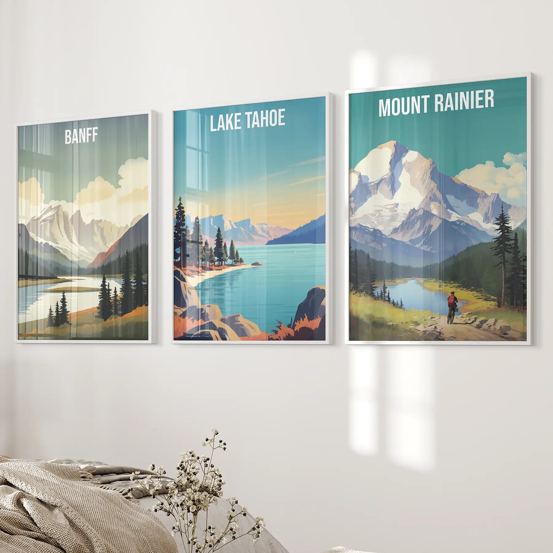 3er-Set Reise-Poster. Banff, Lake Tahoe, Mount Rainier