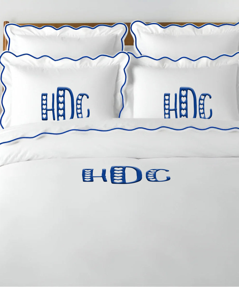 Monogram 400TC Cotton Scallop Embroidery Sateen Solid Duvet Cover Set
