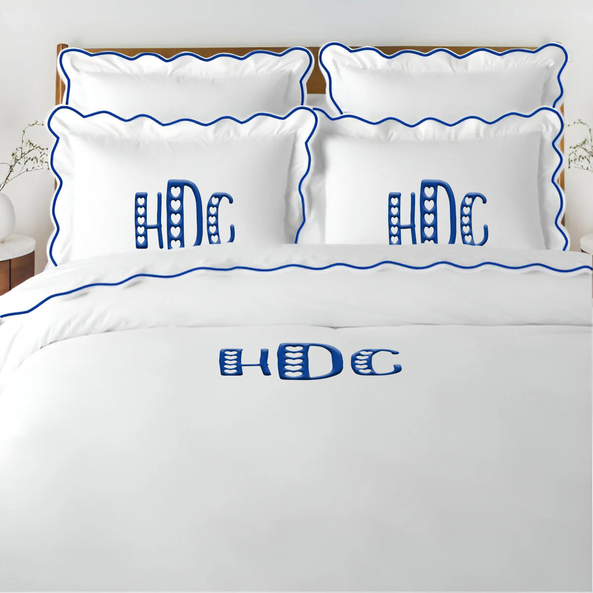 Monogram 400TC Cotton Scallop Embroidery Sateen Solid Duvet Cover Set