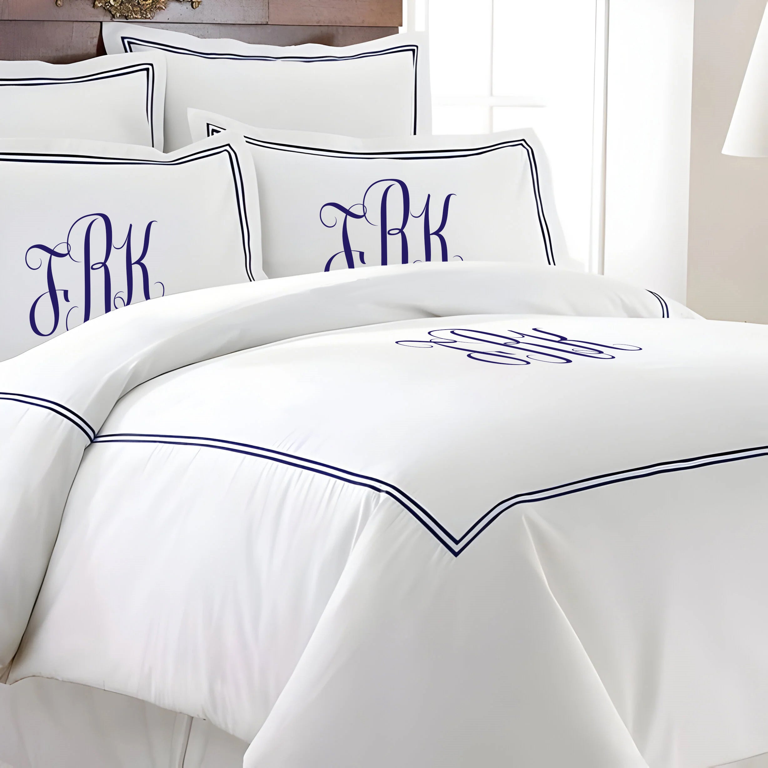 Monogram 400TC Cotton Double Embroidery Sateen Solid Duvet Cover Set