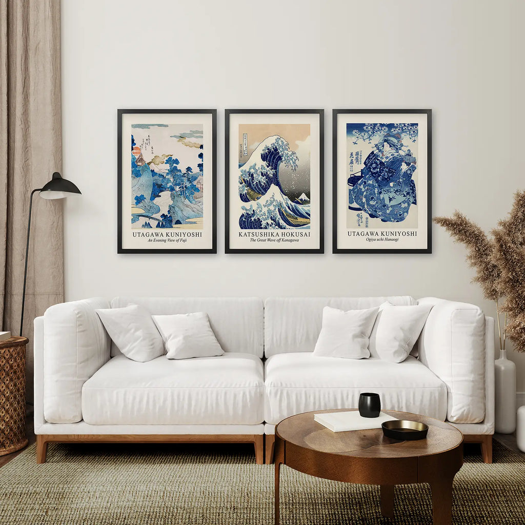 Japanese Woodblock Print Set of 3 | Hokusai Great Wave & Kuniyoshi Art