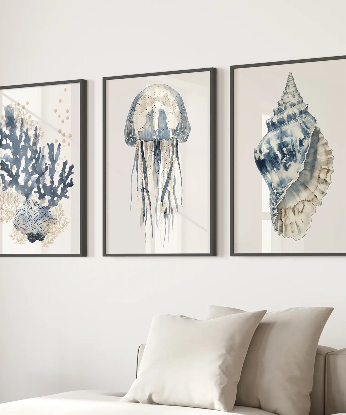 Beach House Wall Art Set. Blue Coral, Jellyfish, Shell