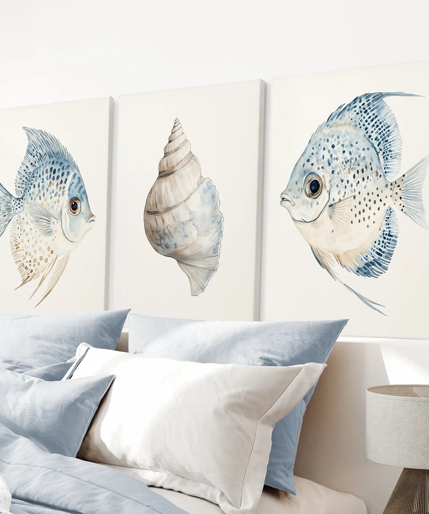 Trendiges Nautisches Wandkunst-Set aus 3 Teilen. Muschel- und Fisch-Poster