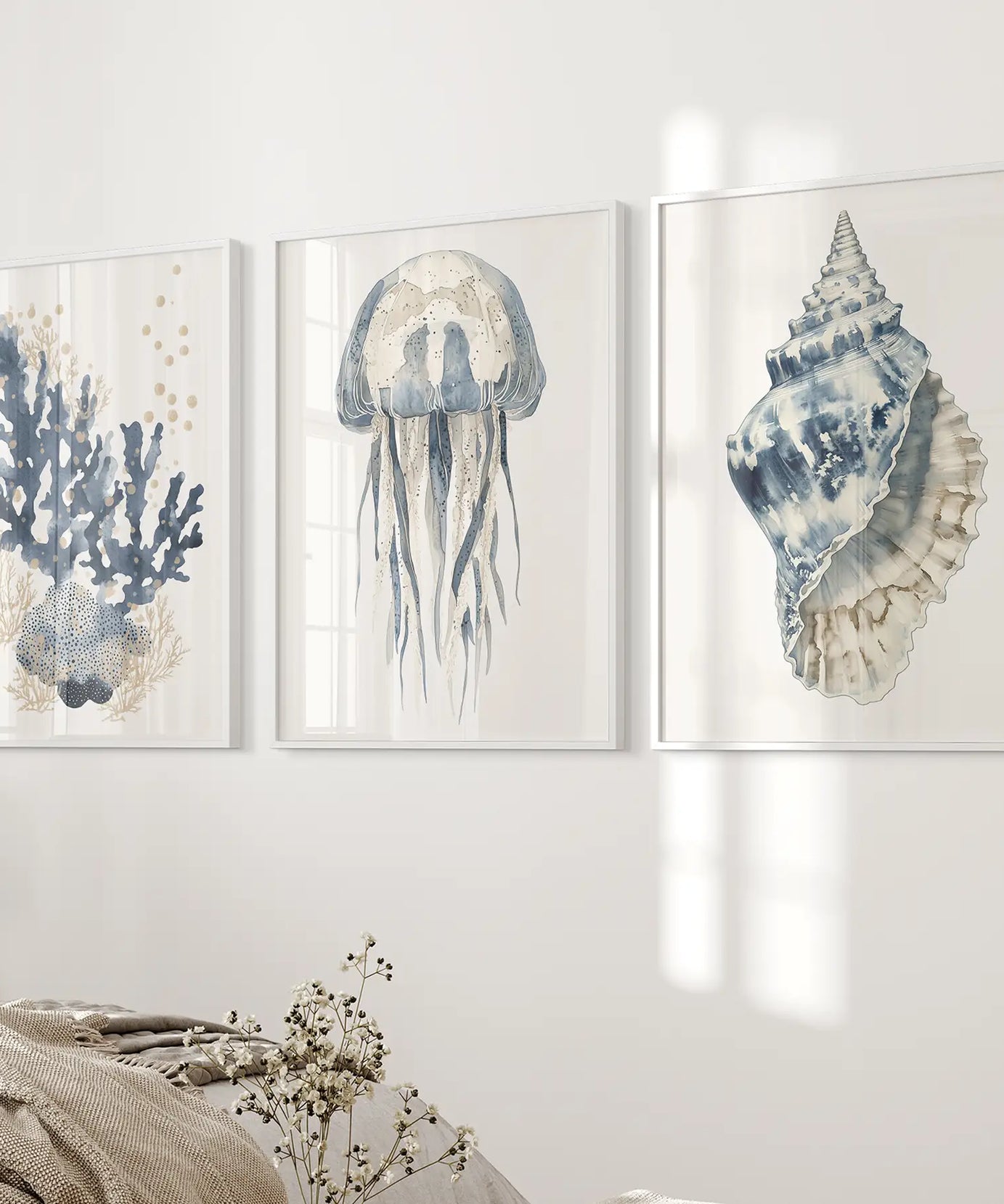 Beach House Wall Art Set. Blue Coral, Jellyfish, Shell