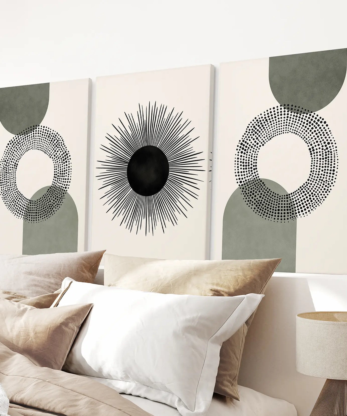 Set of 3 Boho Prints. Sage Green Modern Mid Century Wall Art.