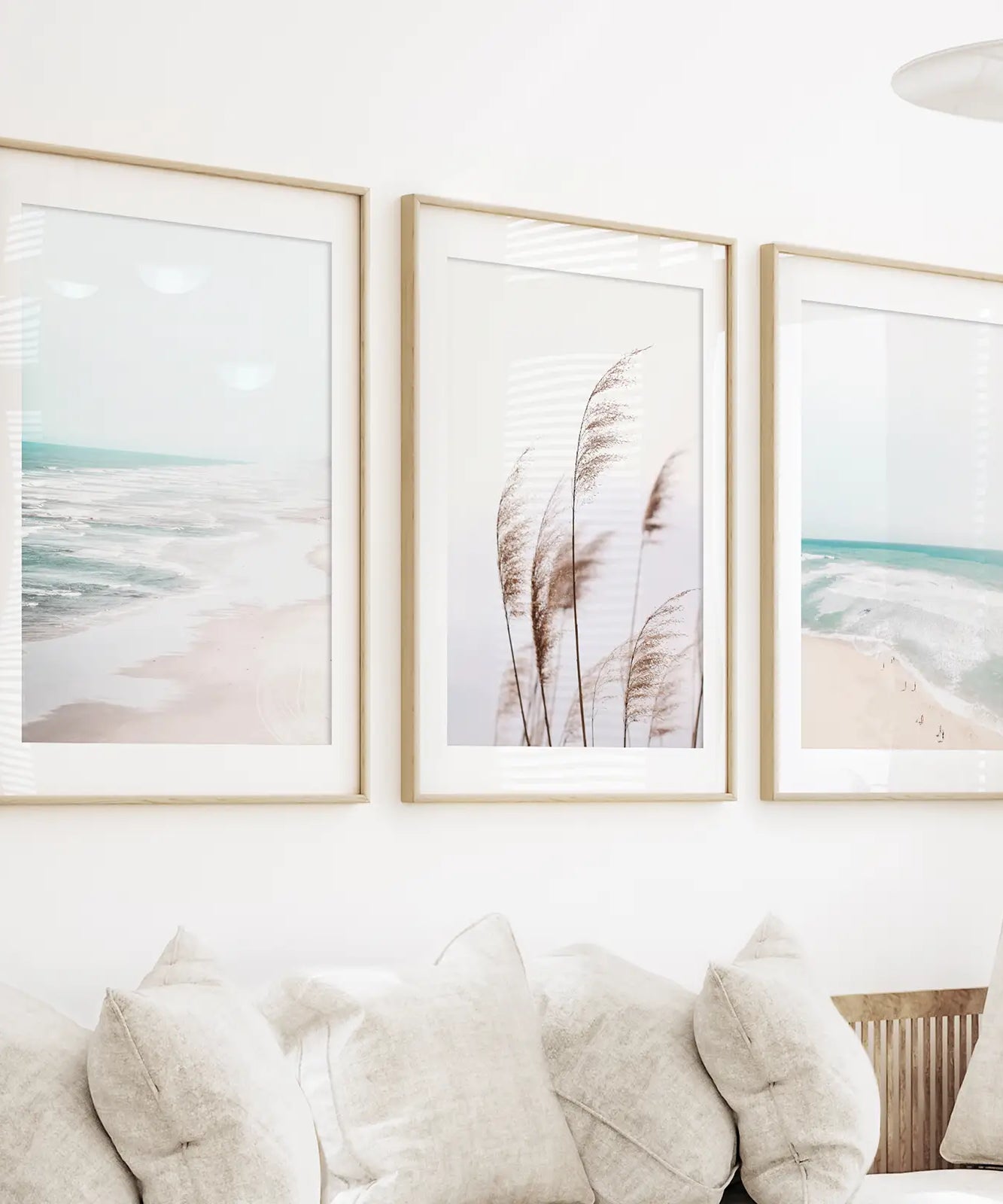 Coastal Boho Wall Art. Beach Pampas Grass, Blue Ocean Waves