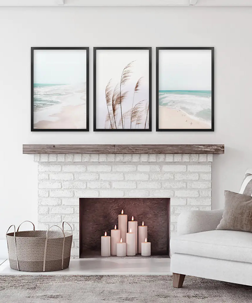 Coastal Boho Wall Art. Beach Pampas Grass, Blue Ocean Waves