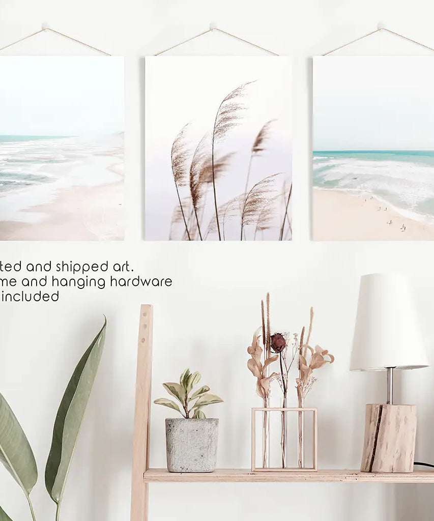 Coastal Boho Wall Art. Beach Pampas Grass, Blue Ocean Waves