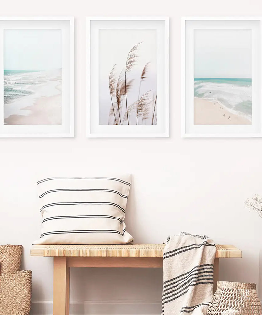 Coastal Boho Wall Art. Beach Pampas Grass, Blue Ocean Waves