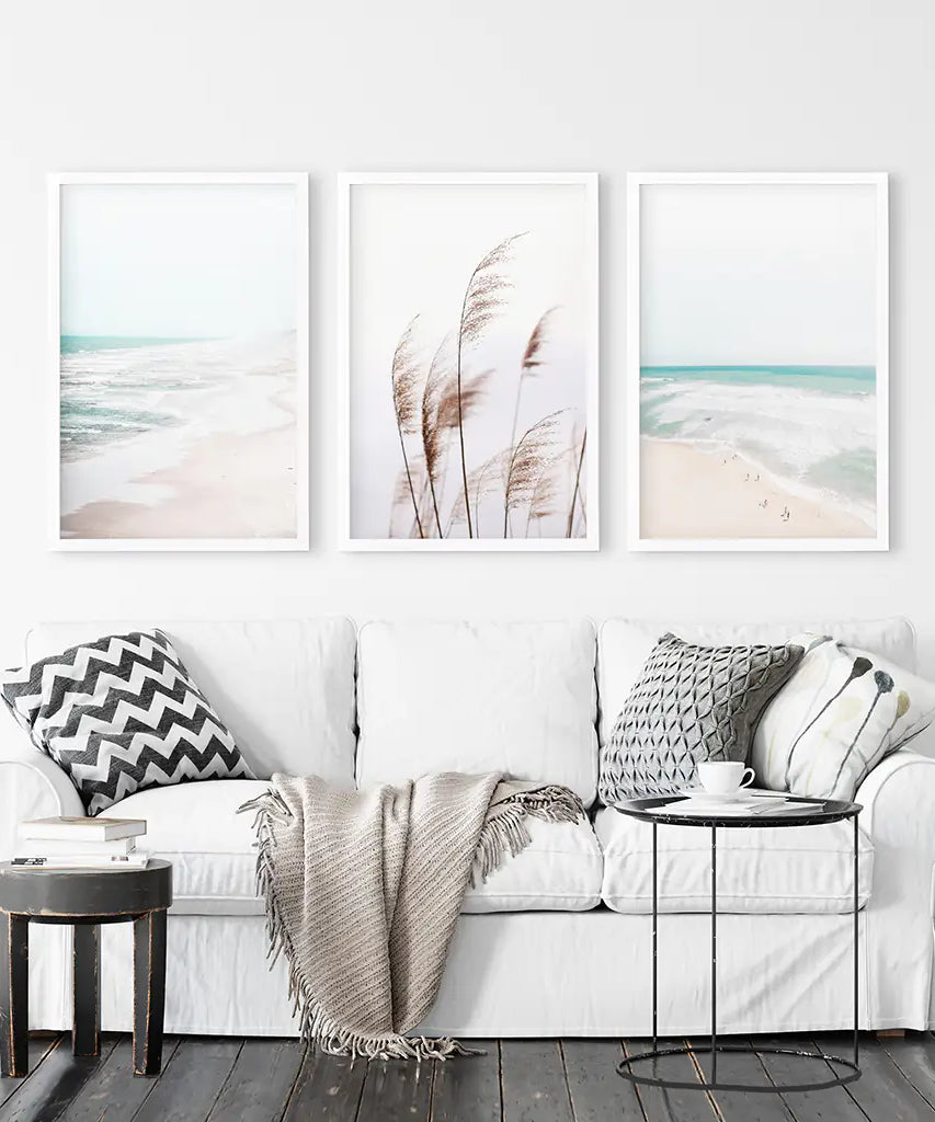 Coastal Boho Wall Art. Beach Pampas Grass, Blue Ocean Waves