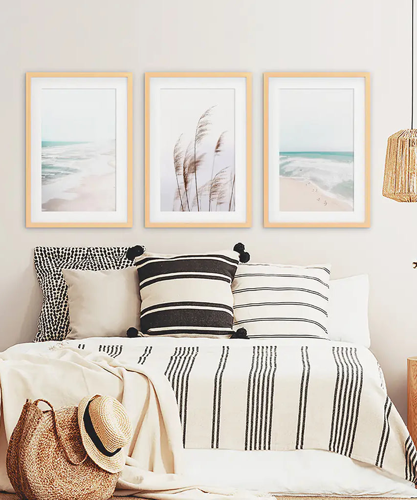 Coastal Boho Wall Art. Beach Pampas Grass, Blue Ocean Waves