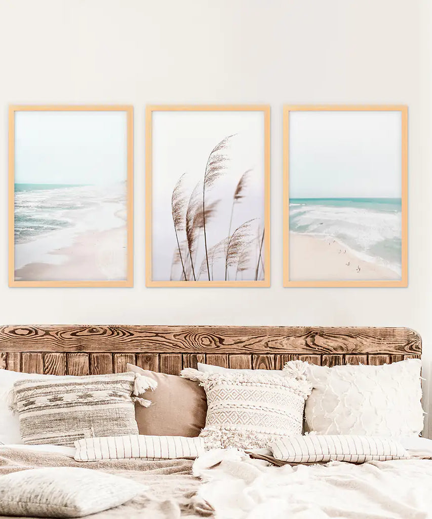 Coastal Boho Wall Art. Beach Pampas Grass, Blue Ocean Waves