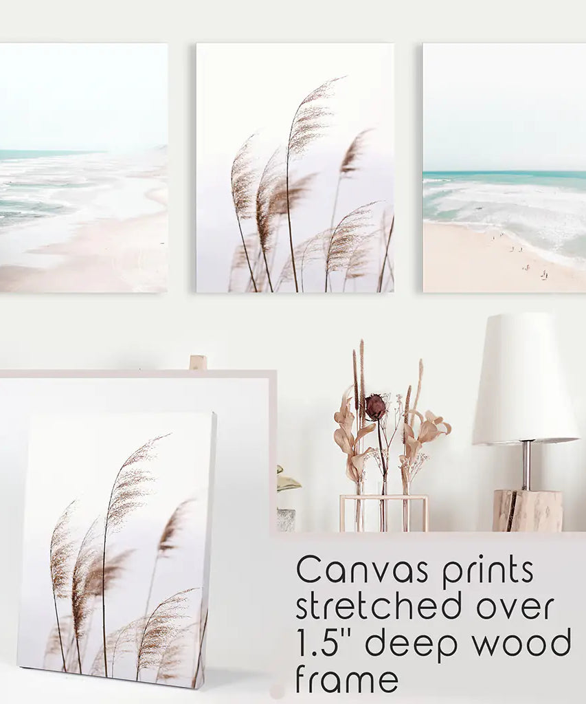 Coastal Boho Wall Art. Beach Pampas Grass, Blue Ocean Waves