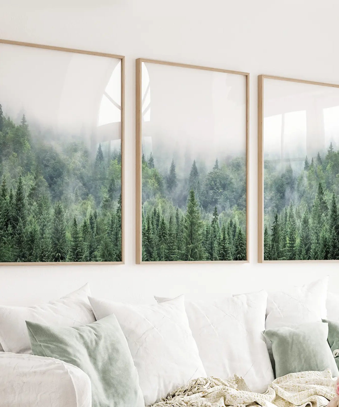Nordic Nature Wall Art Set. Green Foggy Forest