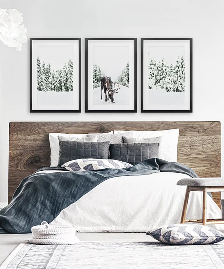 Nordisches Winter-Wandbild 3er-Set. Verschneiter Wald und Elch