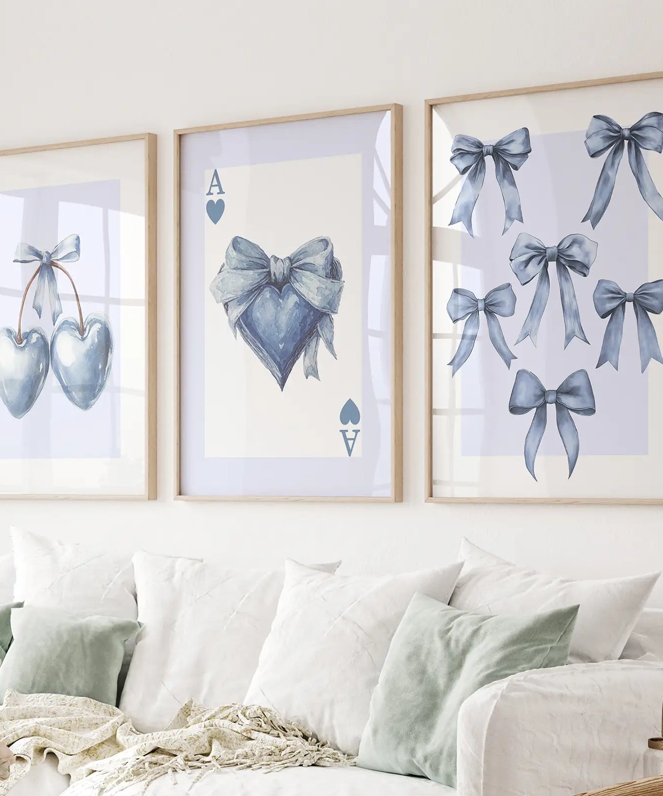 Blue Coquette Bows Wall Art Set of 3 Prints Decor