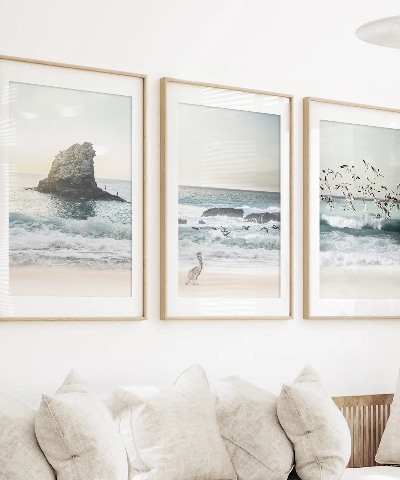 Ocean Beach with Rocks. Beige Blue Coastal Triptych