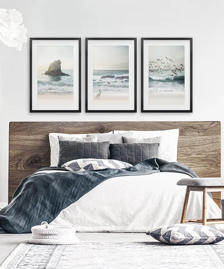 Ocean Beach with Rocks. Beige Blue Coastal Triptych