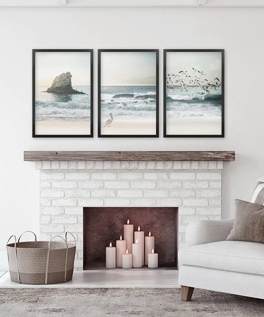 Ocean Beach with Rocks. Beige Blue Coastal Triptych
