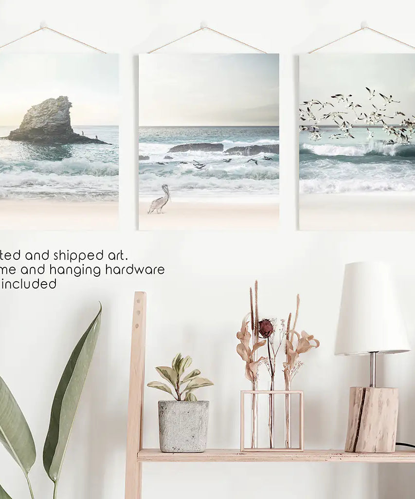 Ocean Beach with Rocks. Beige Blue Coastal Triptych