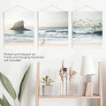 Ocean Beach with Rocks. Beige Blue Coastal Triptych