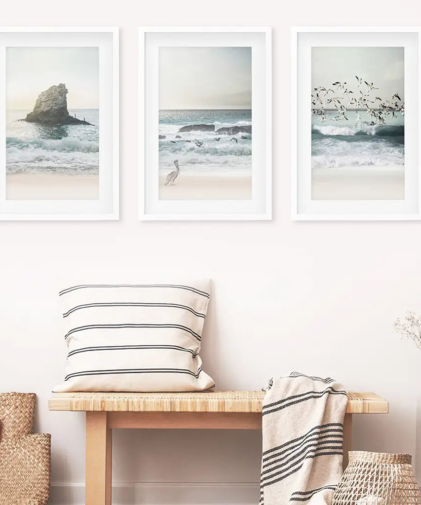 Ocean Beach with Rocks. Beige Blue Coastal Triptych