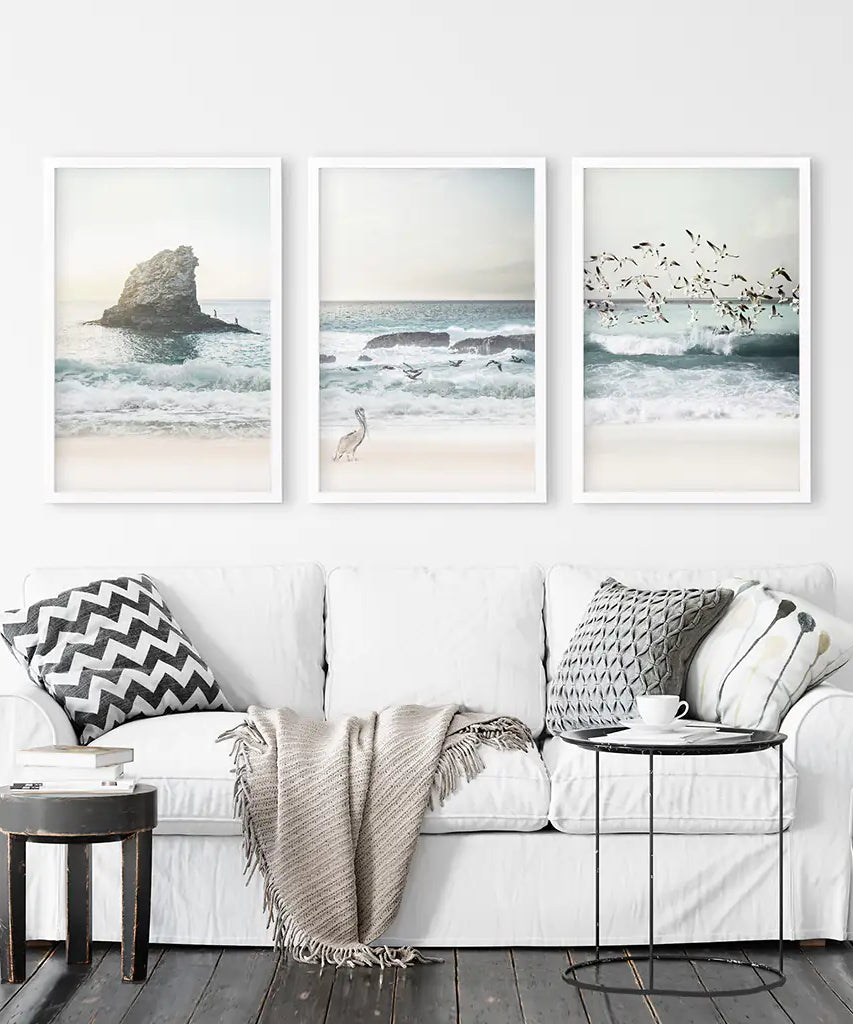 Ocean Beach with Rocks. Beige Blue Coastal Triptych