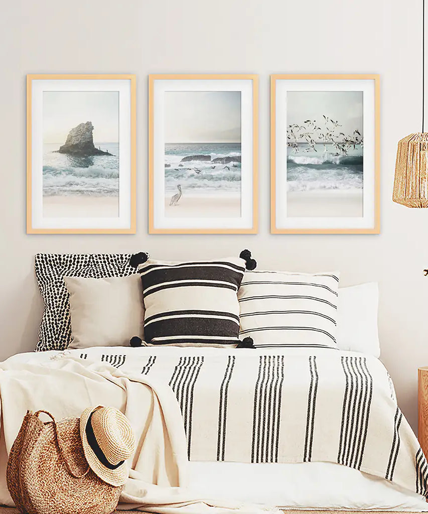 Ocean Beach with Rocks. Beige Blue Coastal Triptych